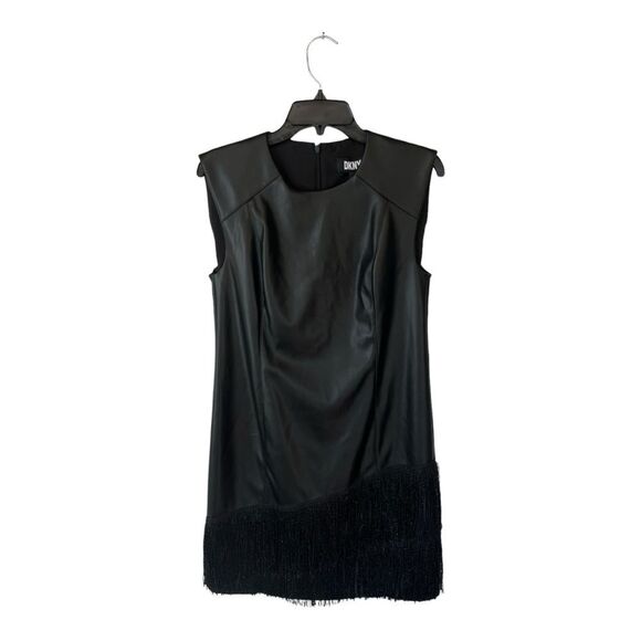 NWT DKNY | Black Faux Leather Fringe Trim Sleeveless Mini Dress 4 - Picture 3 of 11